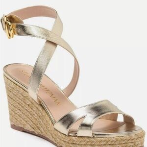Stuart Weitzman Gold Espadrille Wedges with Crisscross Straps Platform